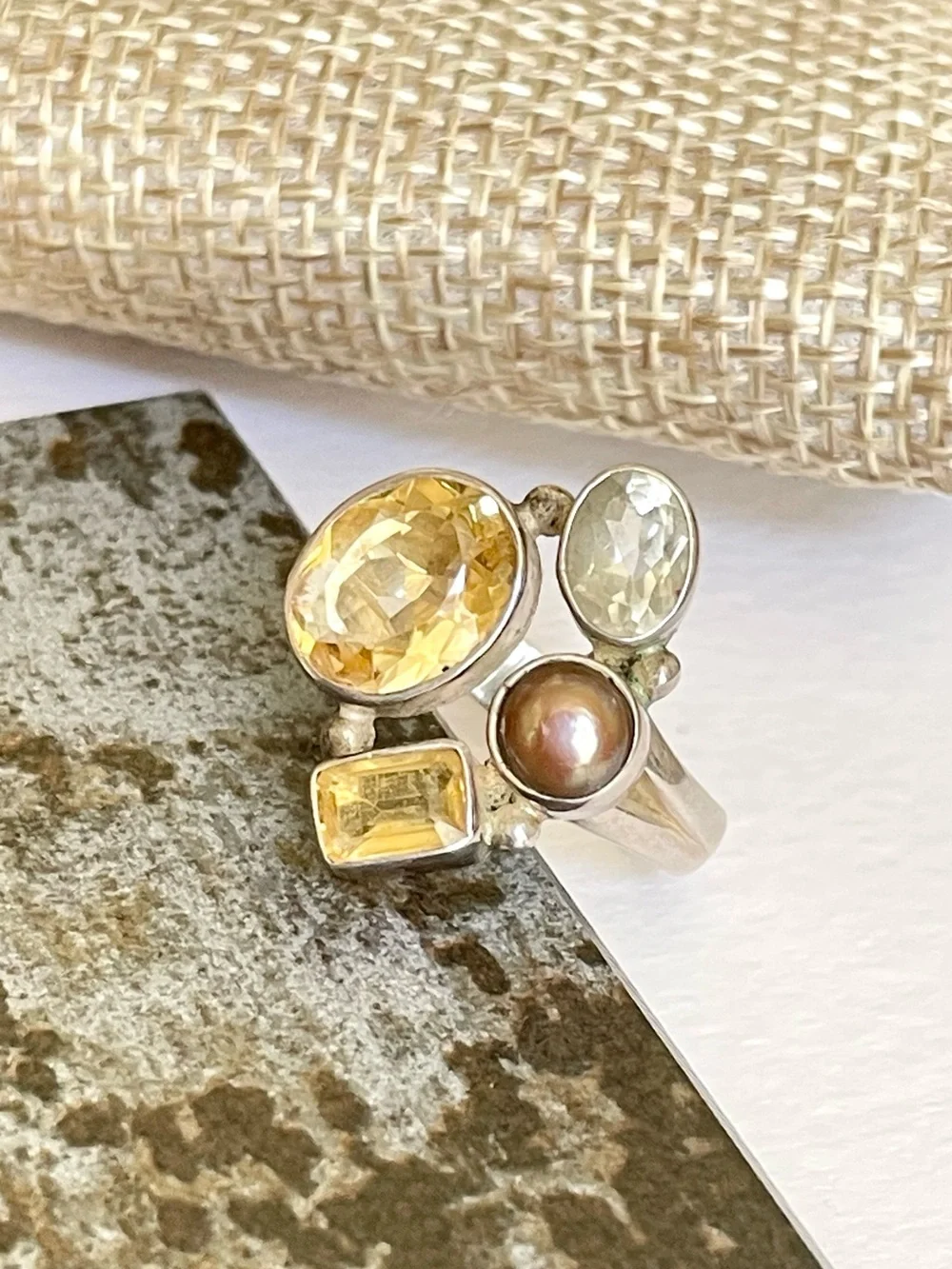 925 Sterling Silver Natural Multi-Gemstone Ring Citrine, Quartz & Pearl  us:8